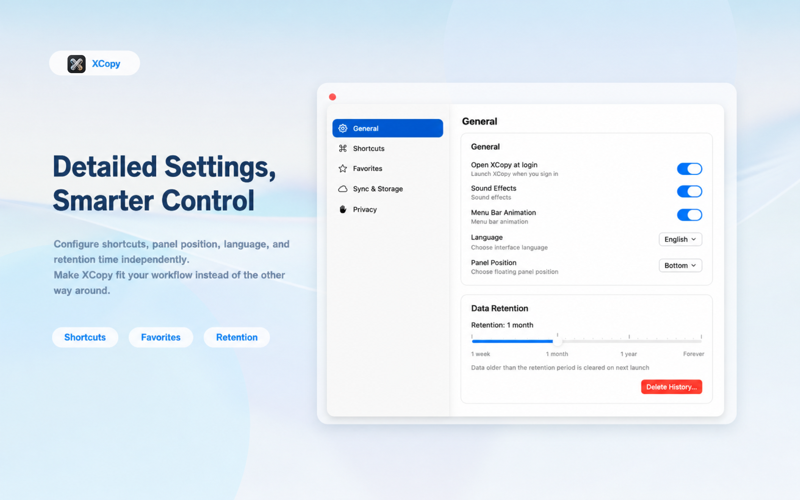 XCopy English settings screenshot